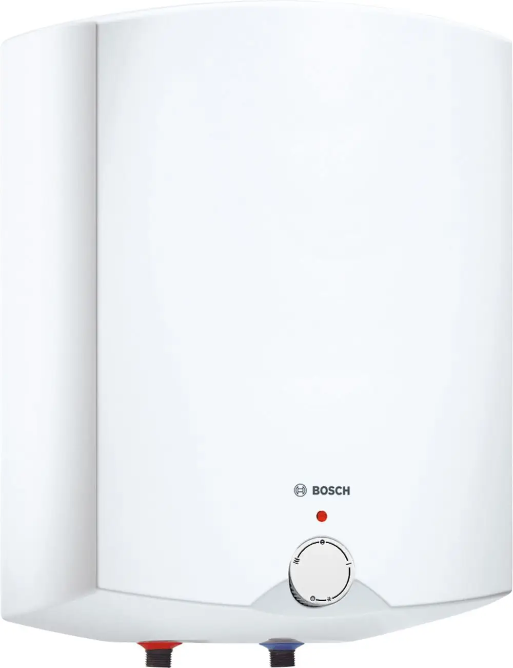 Weiße, kompakte Wasserheizung der Marke Bosch, mit Temperaturregler und Anschlussmöglichkeiten für Warm- und Kaltwasser an der Unterseite.